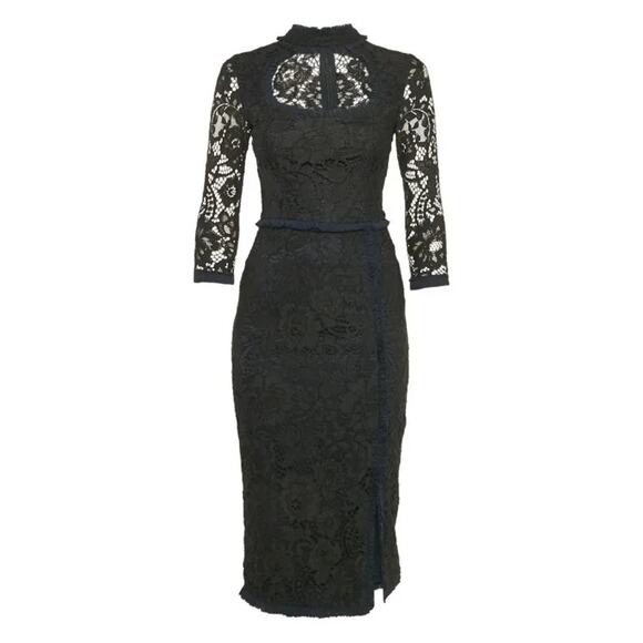Alexis Fiorenza Midi Lace Dress 3/4 Sleeve Black Ruffled Sheath Cut Out XS - Picture 1 of 11